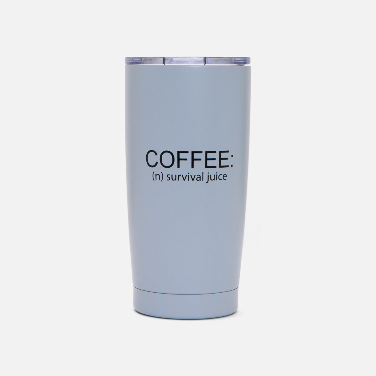 Tasse de voyage rigide bleu avec inscription « coffee : survival juice »