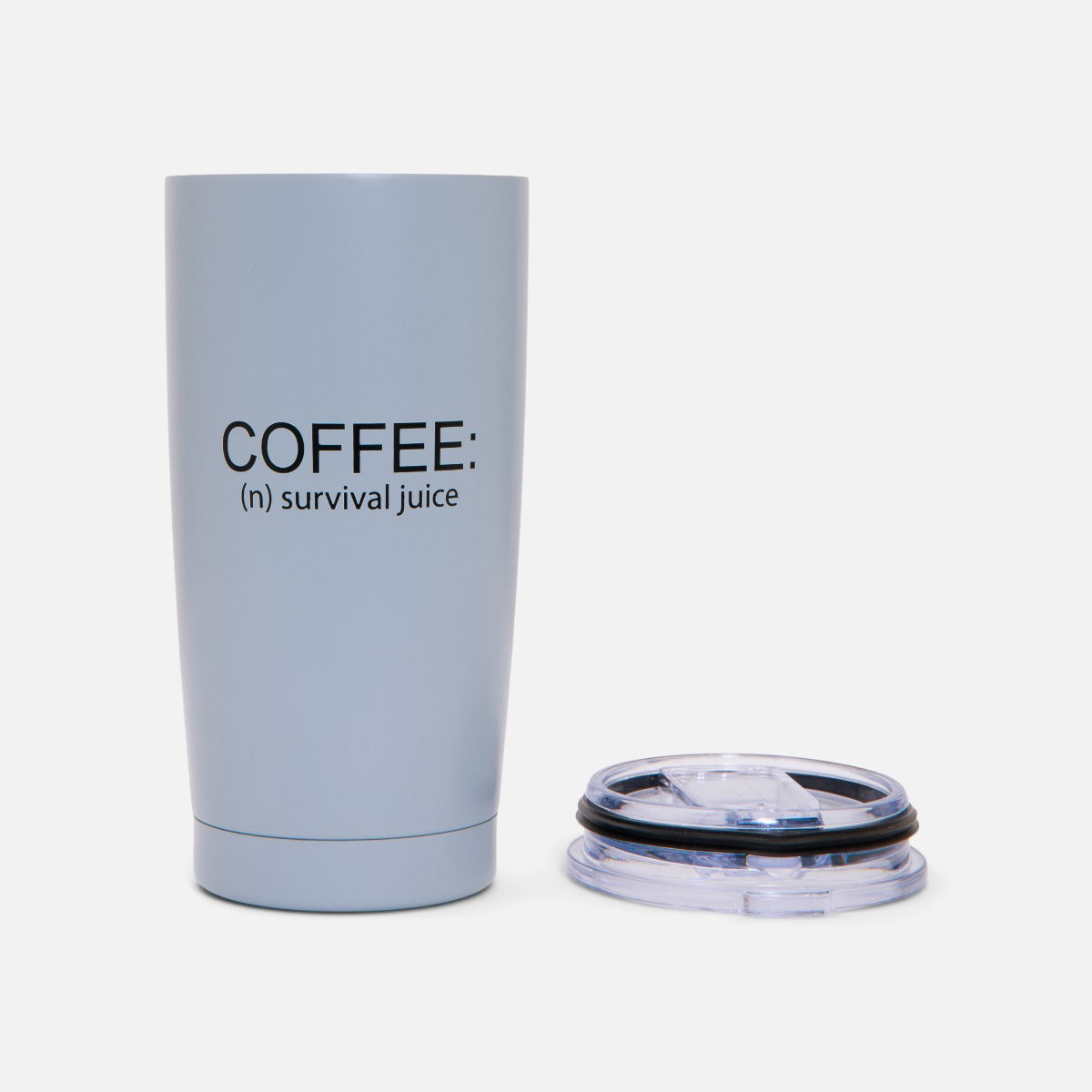 Rigid blue travel cup with quote : ‘’coffee : survival juice’’ 