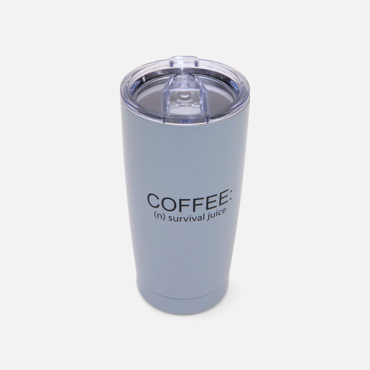 Rigid blue travel cup with quote : ‘’coffee : survival juice’’ 