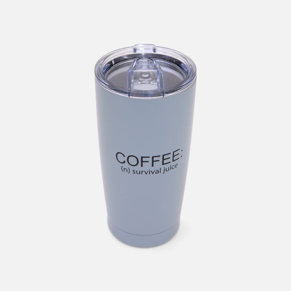 Load image into Gallery viewer, Rigid blue travel cup with quote : ‘’coffee : survival juice’’ 
