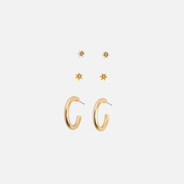 Charger l&#39;image dans la galerie, Ensemble de trois boucles d’oreilles marguerites et anneaux dorés
