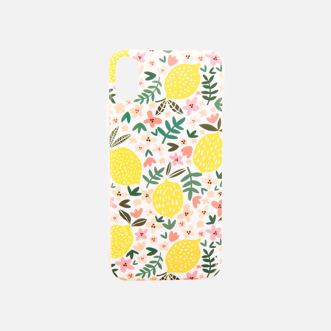 Étui à téléphone blanc citrons jaunes et fleurs roses