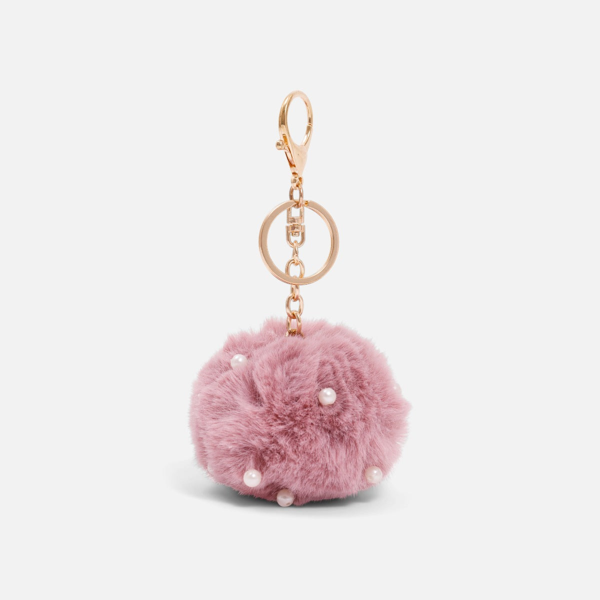 Pink pompon keychain with white pearls