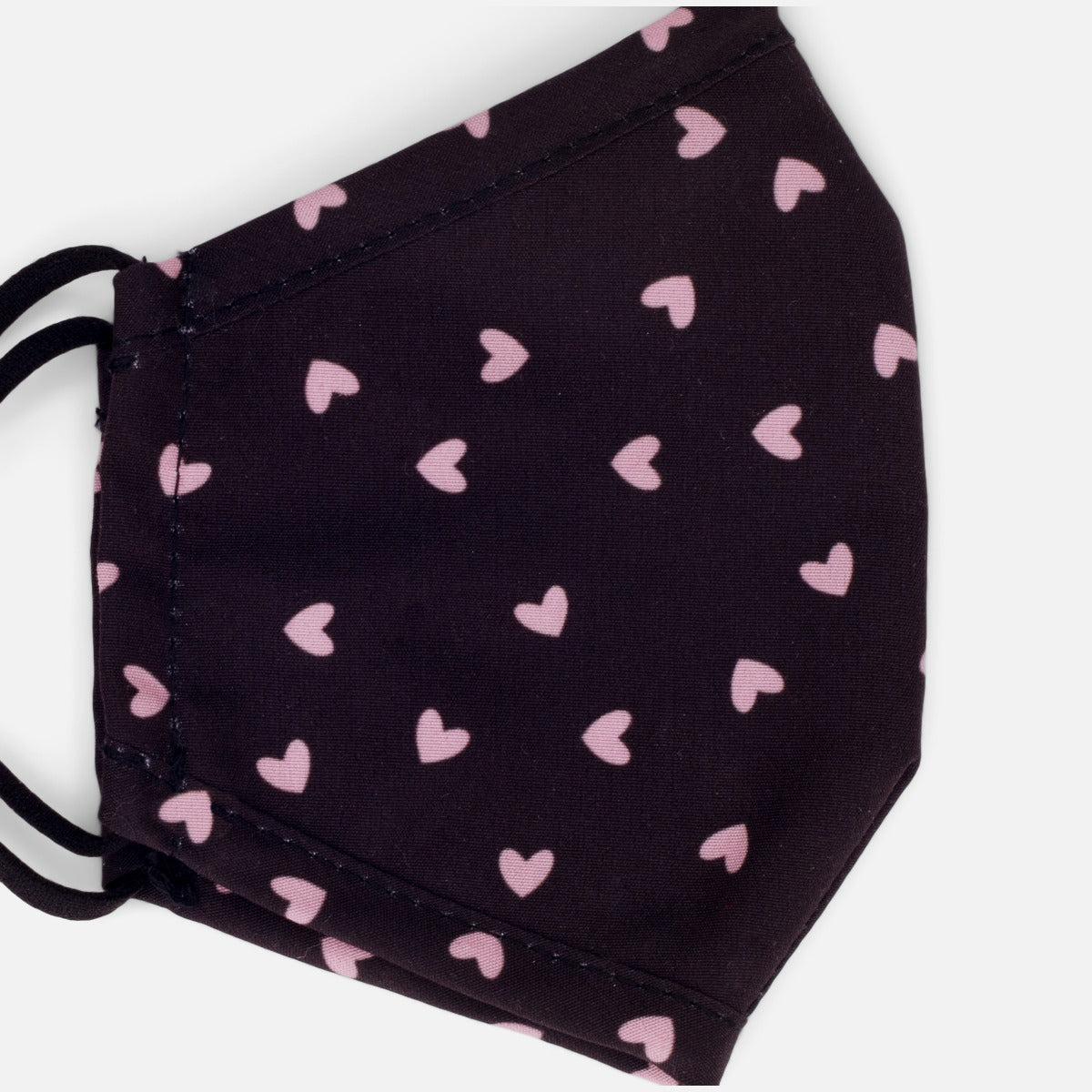 Reusable black mask with small pink hearts print for kids