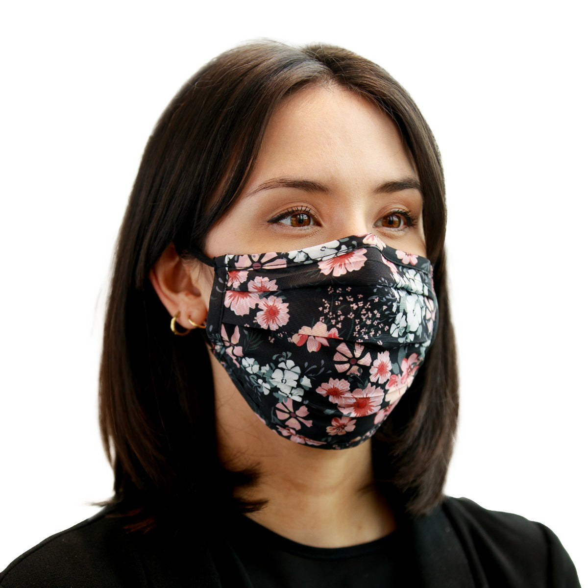 Reusable black mask for women with small pink flowers