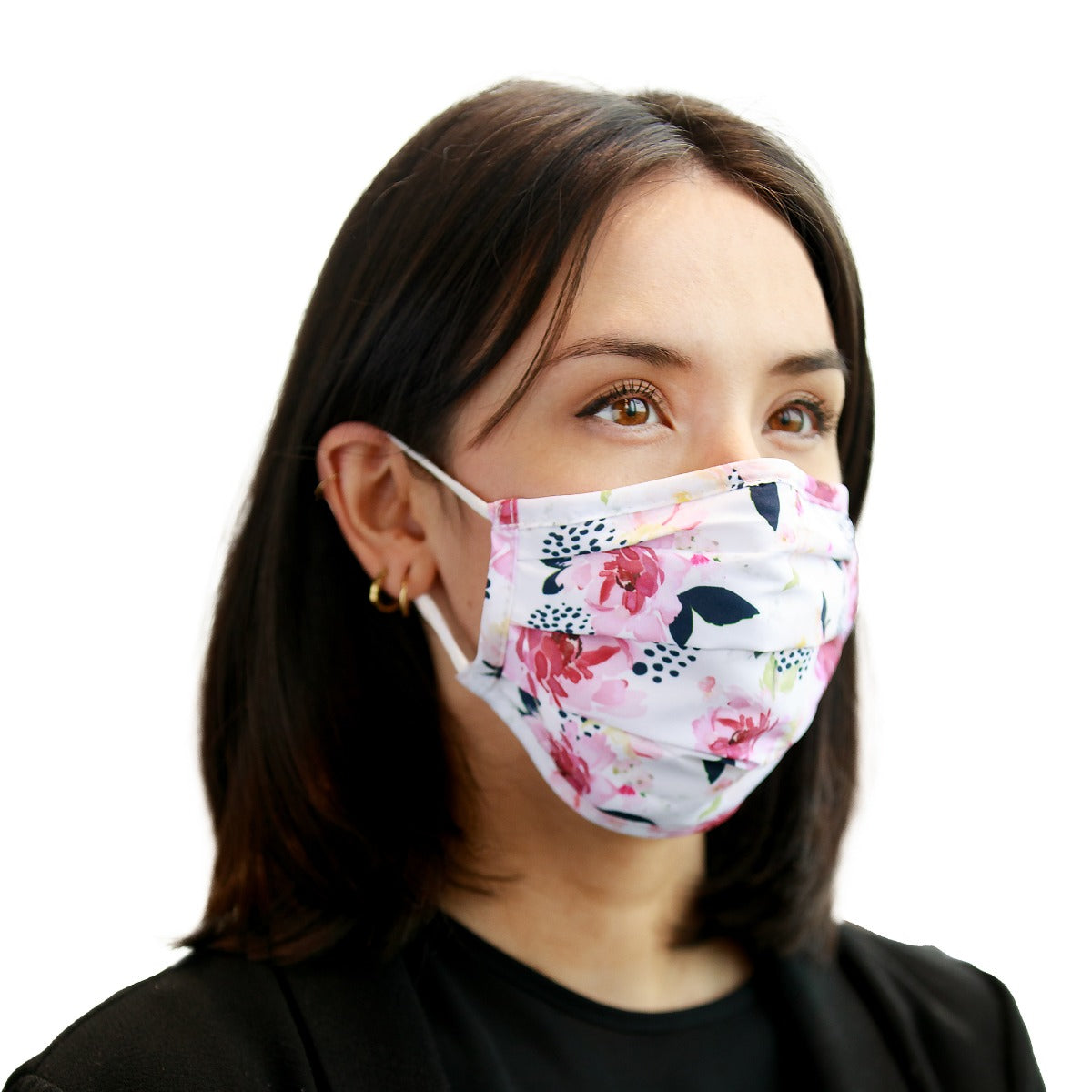 Masque réutilisable blanc pour femme avec fleurs roses et bleu marine