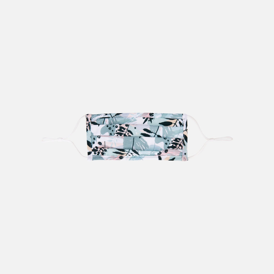 Reusable white mask for women with pale blue leaves print