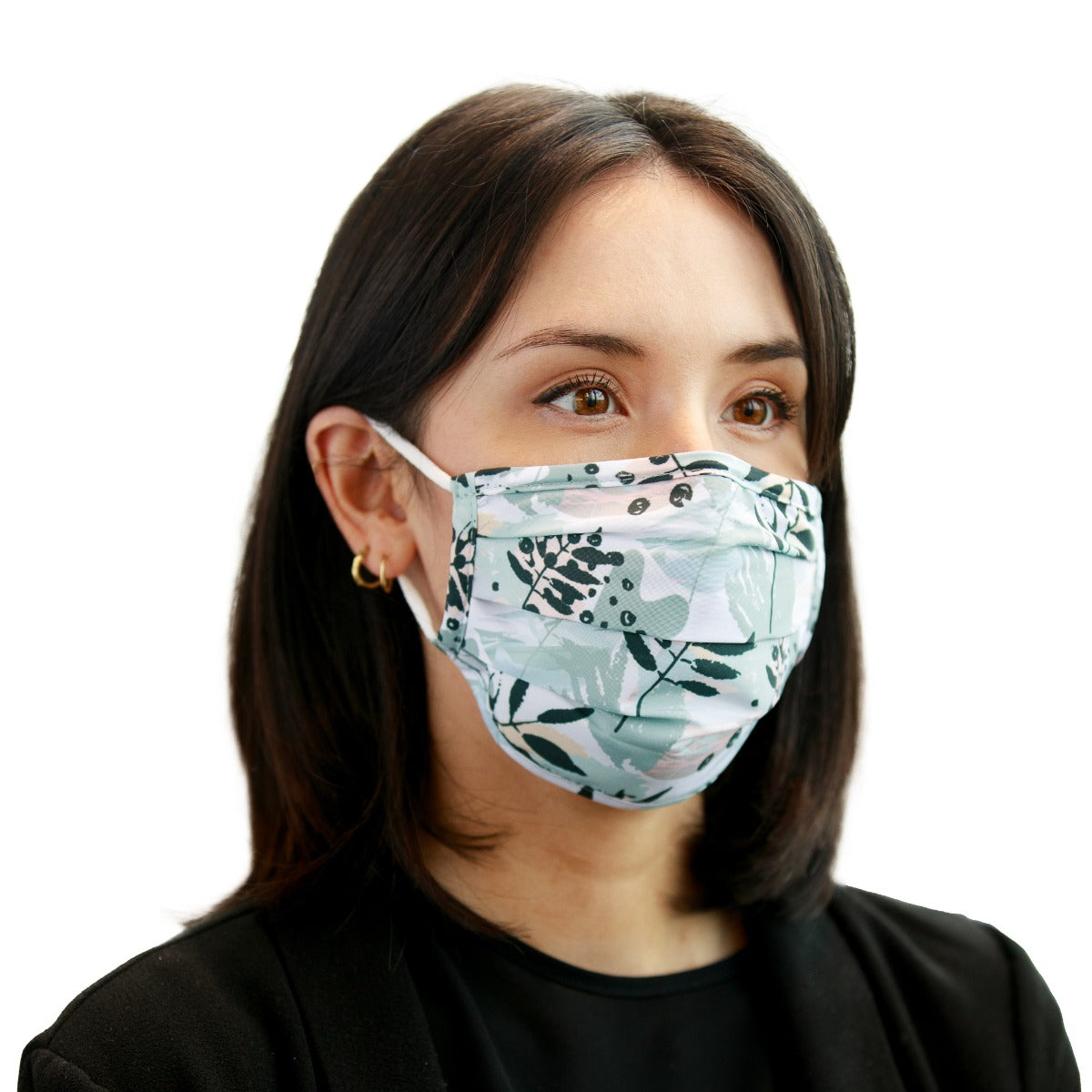Reusable white mask for women with pale blue leaves print