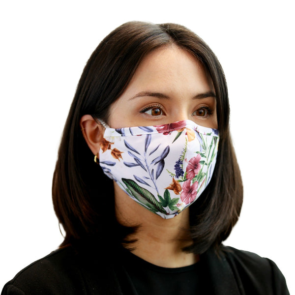 Charger l&#39;image dans la galerie, Masque réutilisable blanc pour femme avec fleurs tropicales
