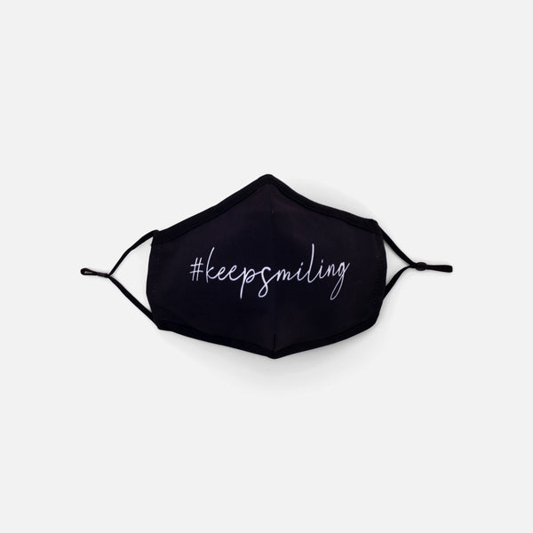 Load image into Gallery viewer, Reusable black mask for women with white quote ‘’#keepsmiling’’
