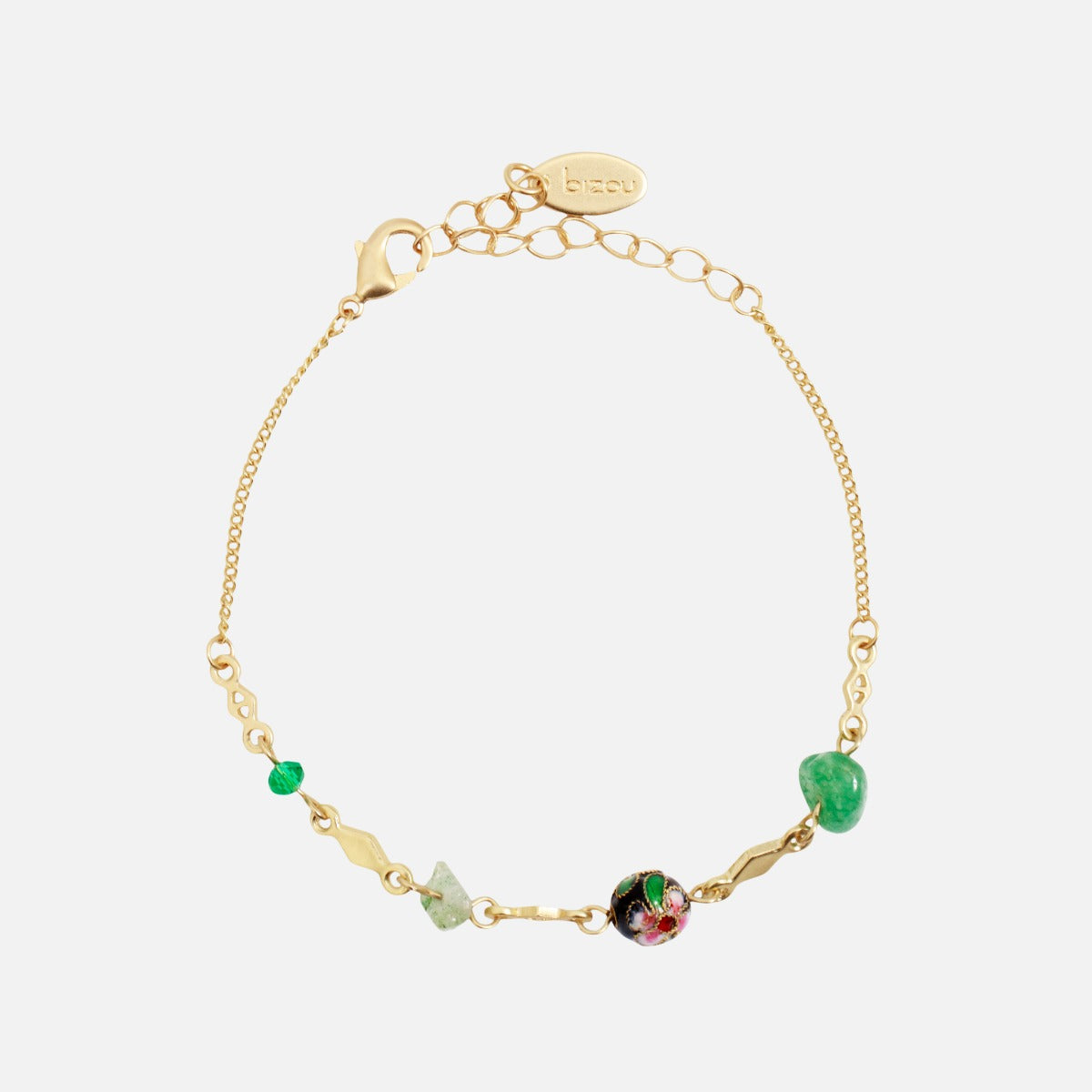Set of two golden bracelets with green beads