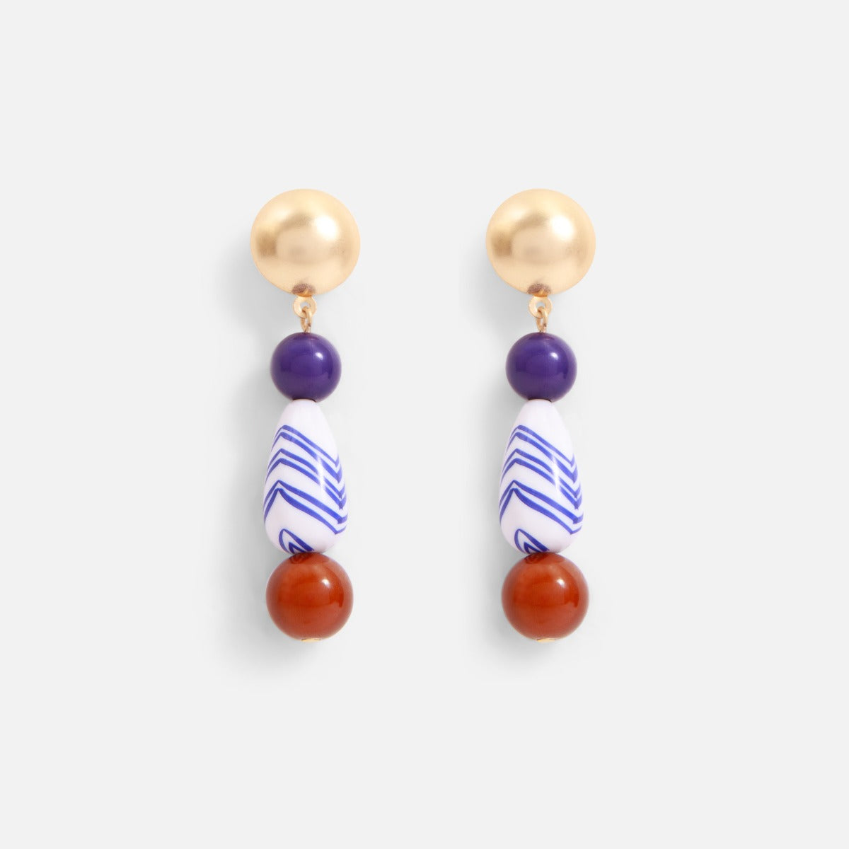 Long earrings with white, blue and red beads