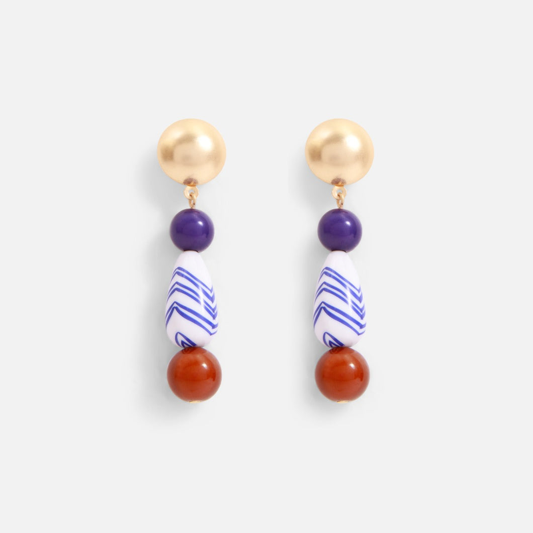 Long earrings with white, blue and red beads