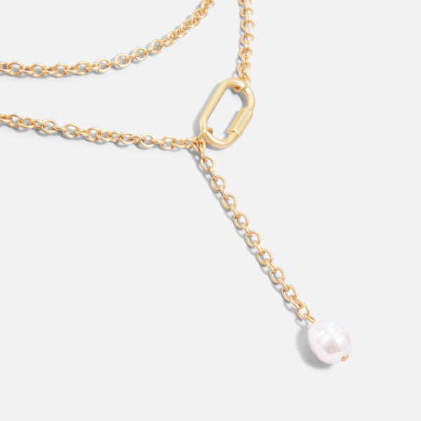 Load image into Gallery viewer, Golden necklace with clasp and long pearl pendant
