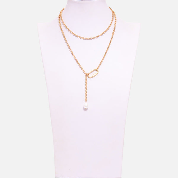 Load image into Gallery viewer, Golden necklace with clasp and long pearl pendant

