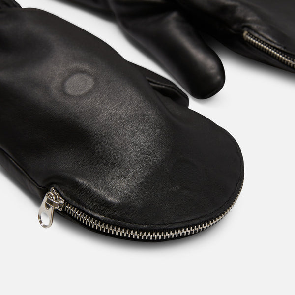 Load image into Gallery viewer, Black leather mittens with zipper
