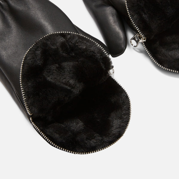 Load image into Gallery viewer, Black leather mittens with zipper
