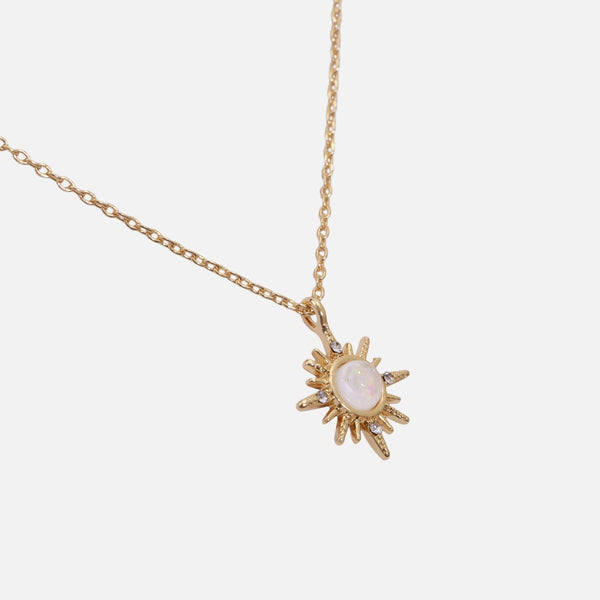 Load image into Gallery viewer, Golden necklace with sun medallion with mother-of-pearl and glittering stones

