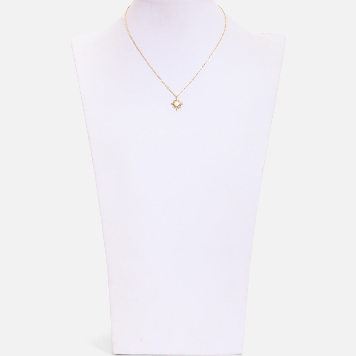 Golden necklace with sun medallion with mother-of-pearl and glittering stones