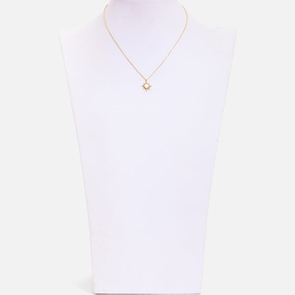 Load image into Gallery viewer, Golden necklace with sun medallion with mother-of-pearl and glittering stones
