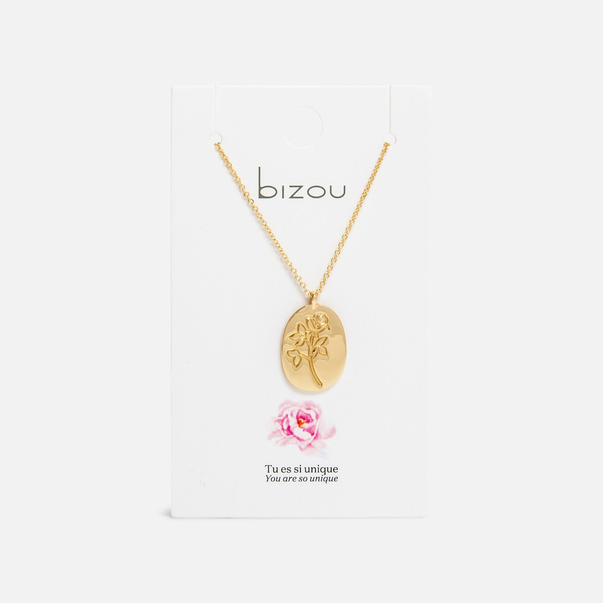 Collier doré avec breloque rose gravée