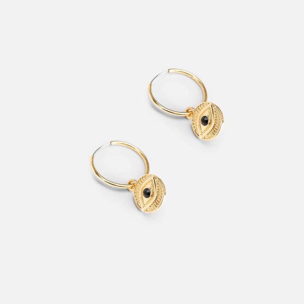 Load image into Gallery viewer, Golden hoop earrings with eye charm
