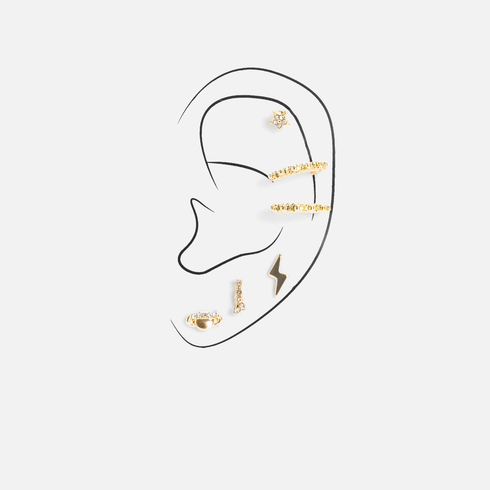 Set of ear cuffs with gold fixed earrings 