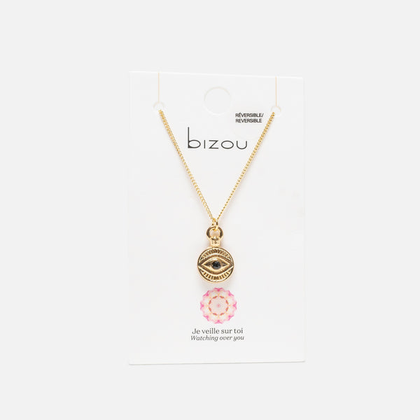 Load image into Gallery viewer, Reversible golden pendant with eye and star medallions
