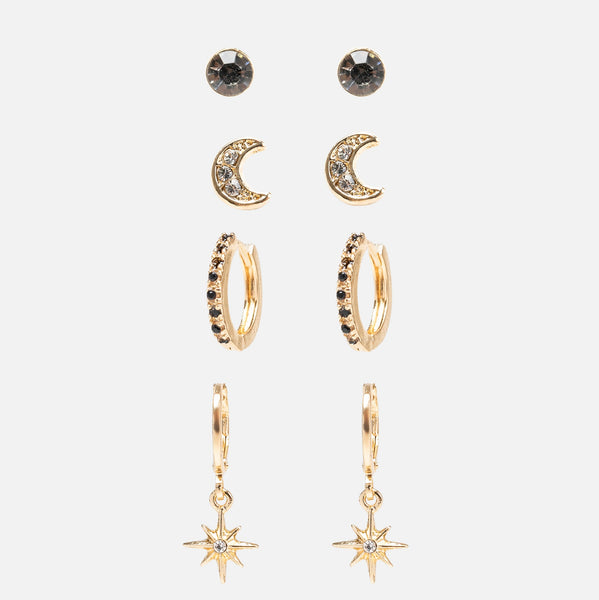 Charger l&#39;image dans la galerie, Ensemble de boucles d’oreilles dorées fixes et anneaux avec détails noirs, lunes et étoiles
