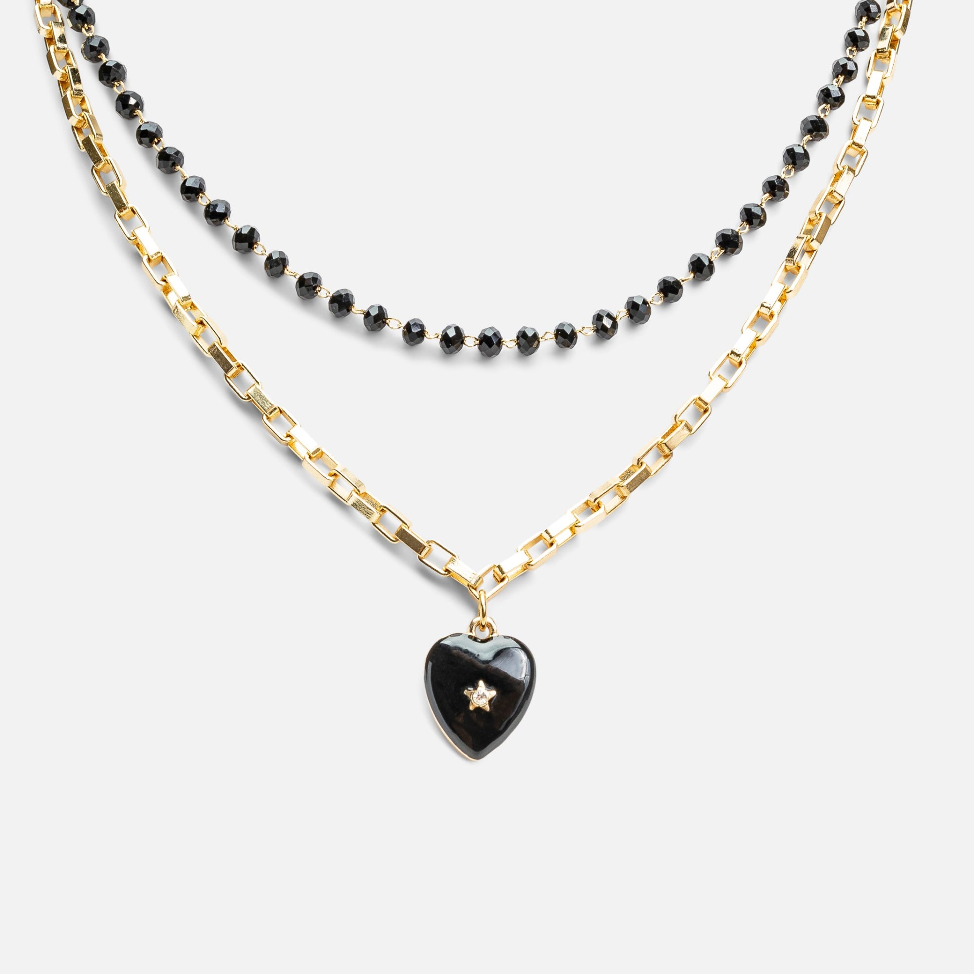 Double row necklace with black heart charm 