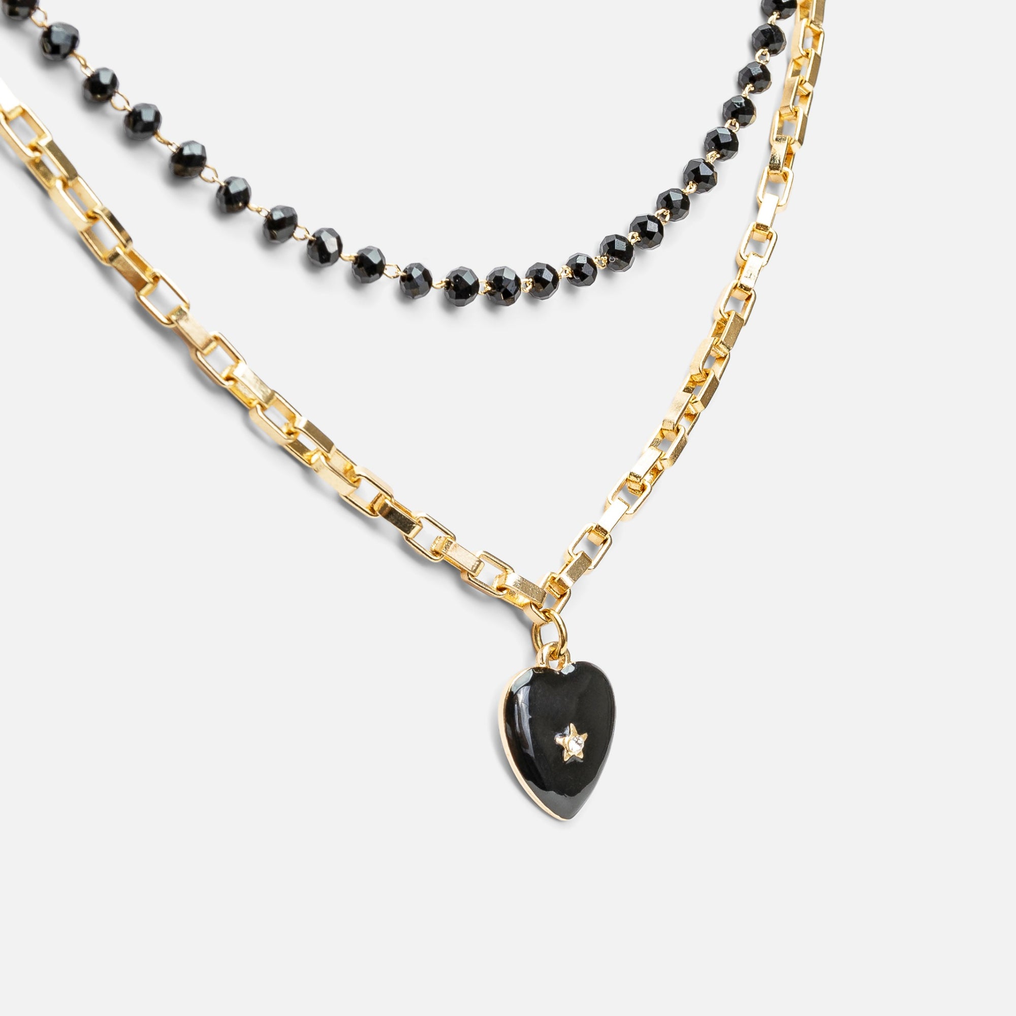 Double row necklace with black heart charm 