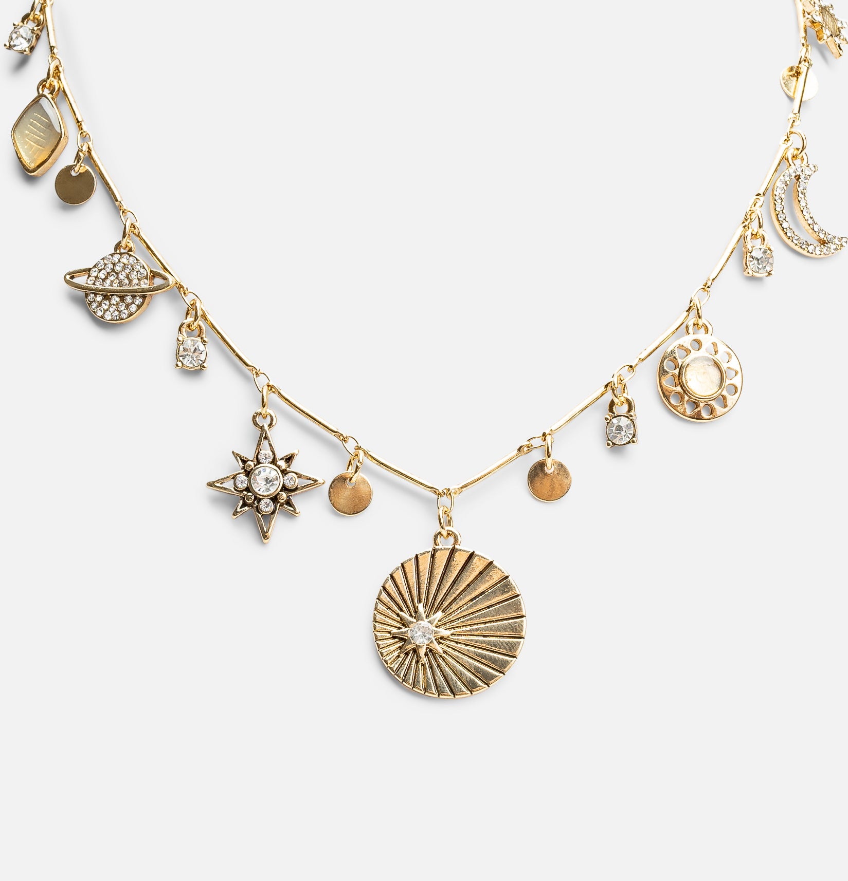 Golden necklace with multiple space charms