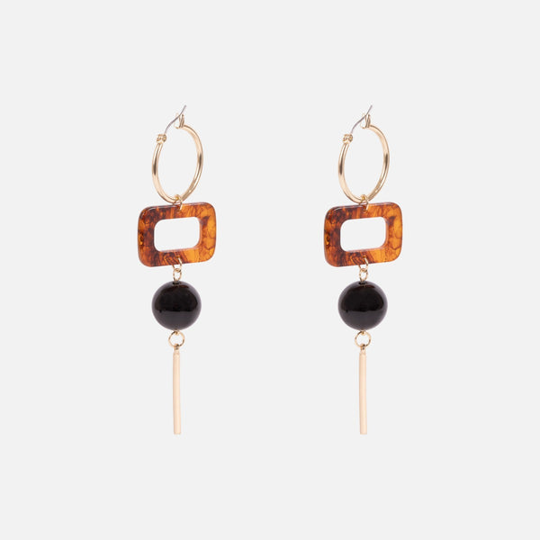Load image into Gallery viewer, Long earrings with a rectangular tortoise pattern, a black bead and a golden bar
