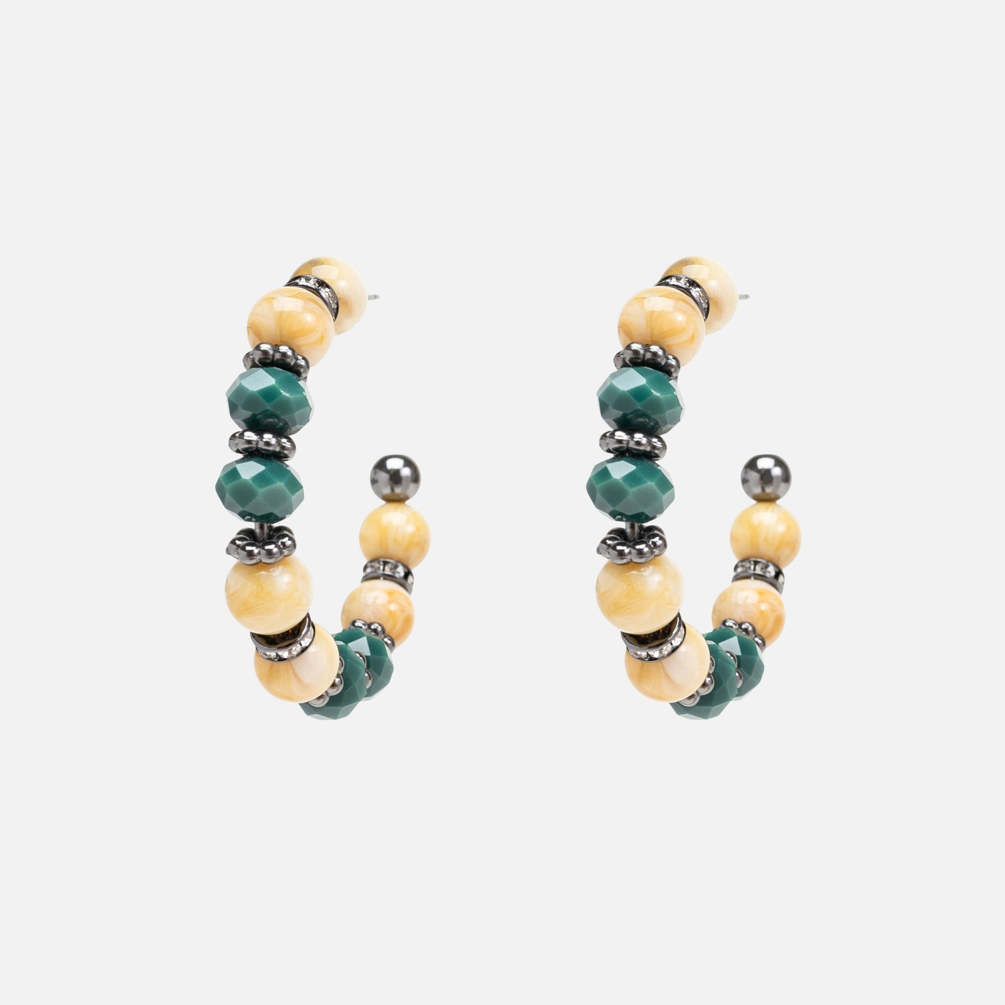 Wood hoop earrings with green and grey beads