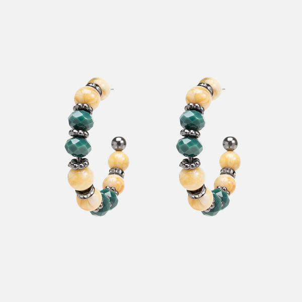 Charger l&#39;image dans la galerie, Boucles d&#39;oreilles anneaux avec billes en bois et pierres vertes et grises
