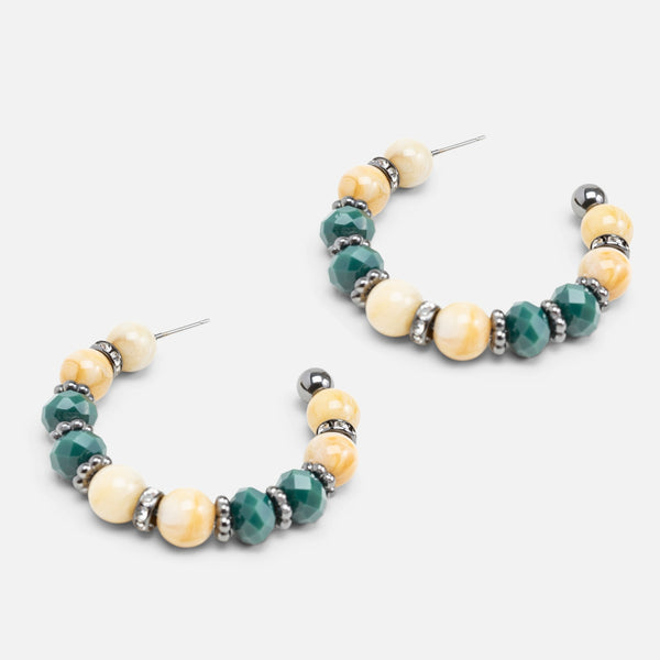 Load image into Gallery viewer, Wood hoop earrings with green and grey beads
