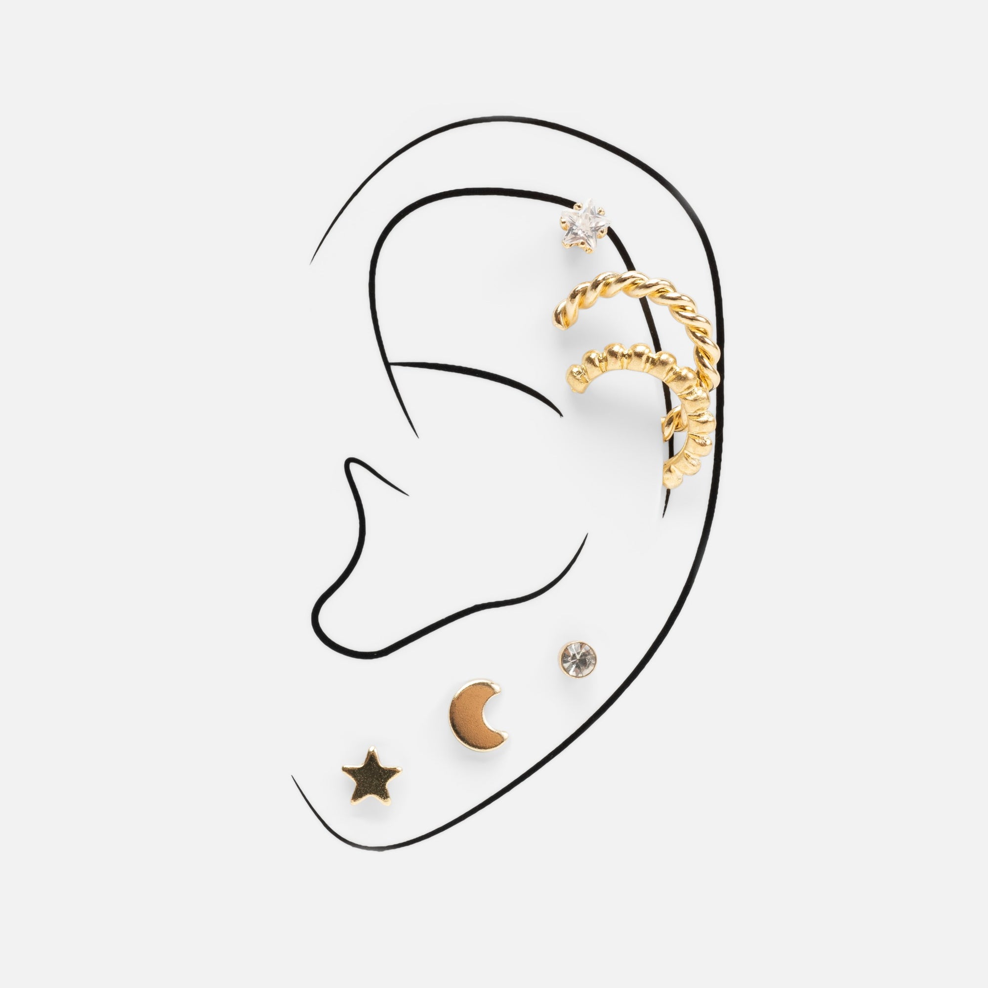 Set of golden ear cuffs with star and moon 