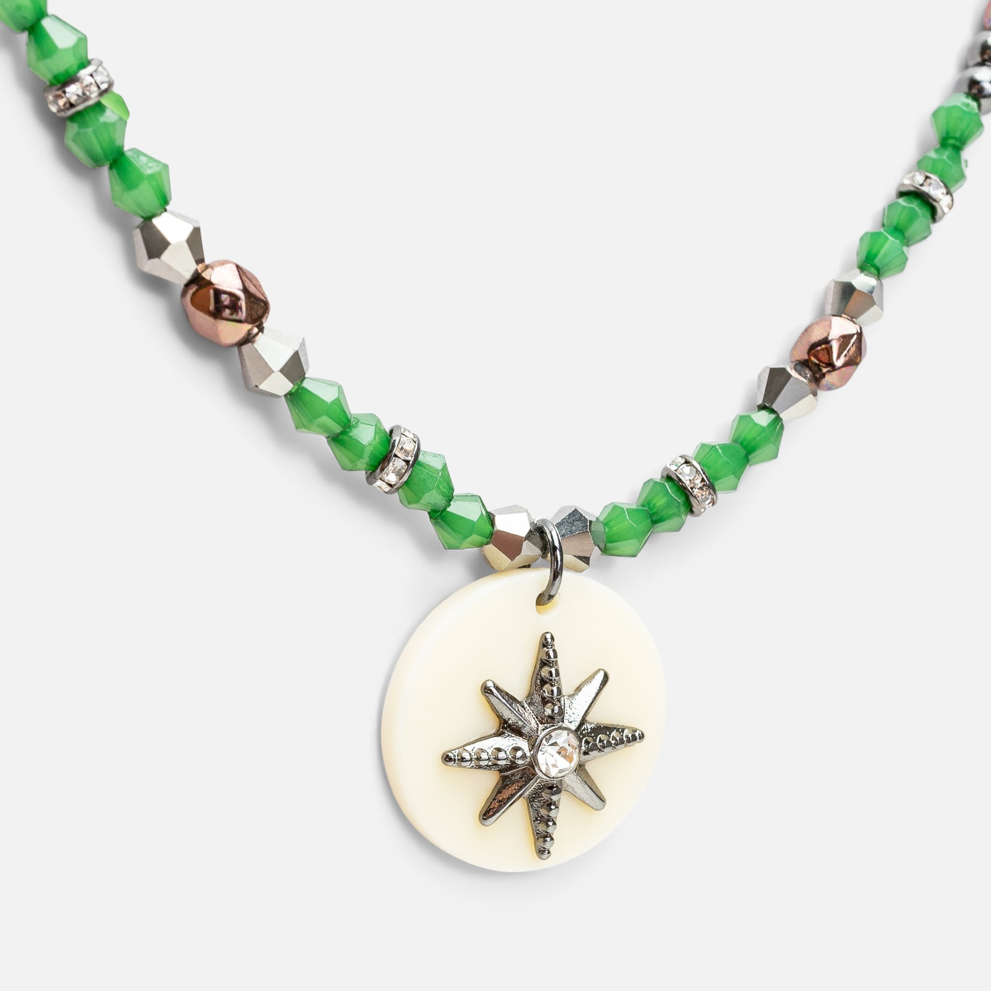 Set of green beads necklaces with star charm 