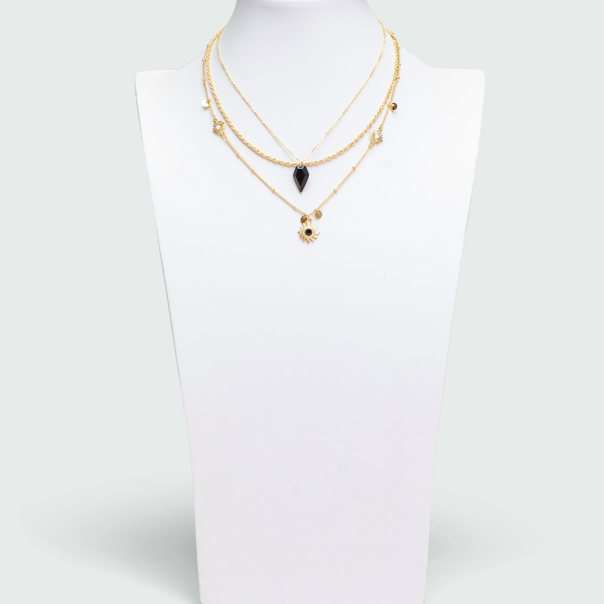 Set of three golden versatile necklaces with multiple charms