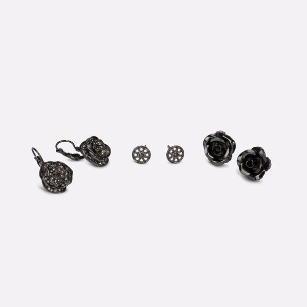 Load image into Gallery viewer, Three pairs of black earrings in bloom   

