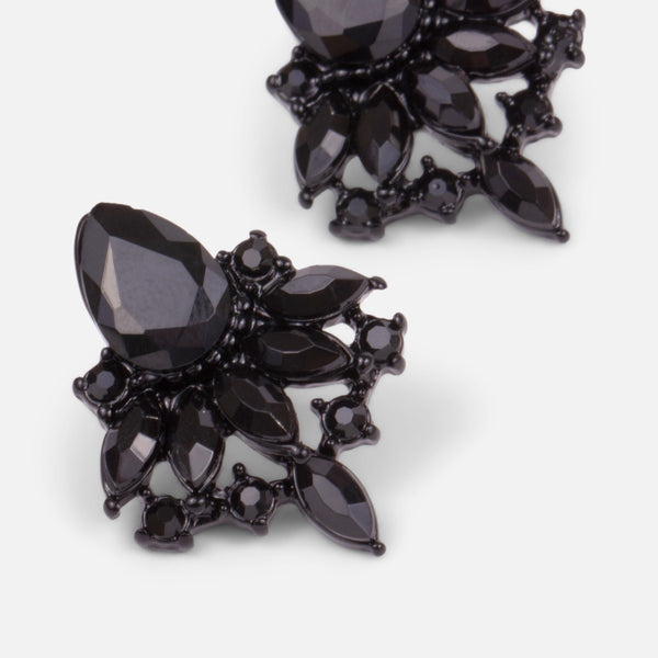 Charger l&#39;image dans la galerie, Boucles d’oreilles fixes forme abstraite avec pierres noires
