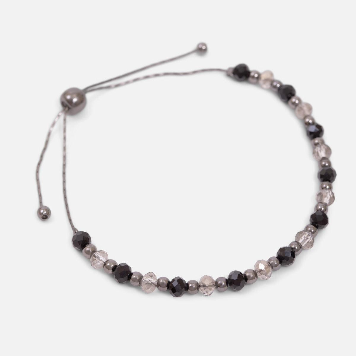 Adjustable silvered bracelet with black and grey beads