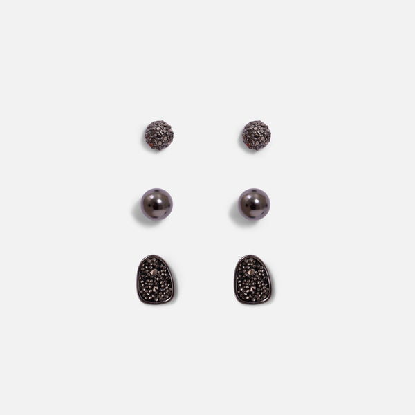 Load image into Gallery viewer, Trio of silvered and black earrings of different shapes
