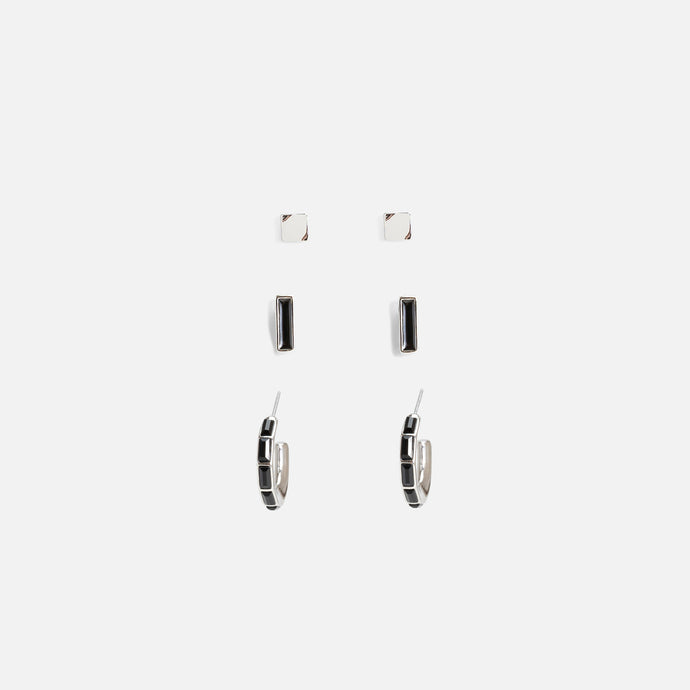 Trio de boucles d'oreilles anneaux, carrées et rectangles