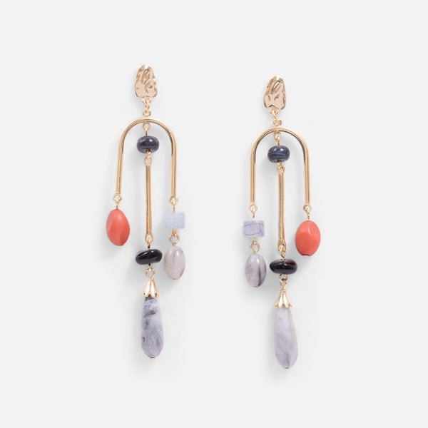 Load image into Gallery viewer, Long golden earrings with small natural stones effect
