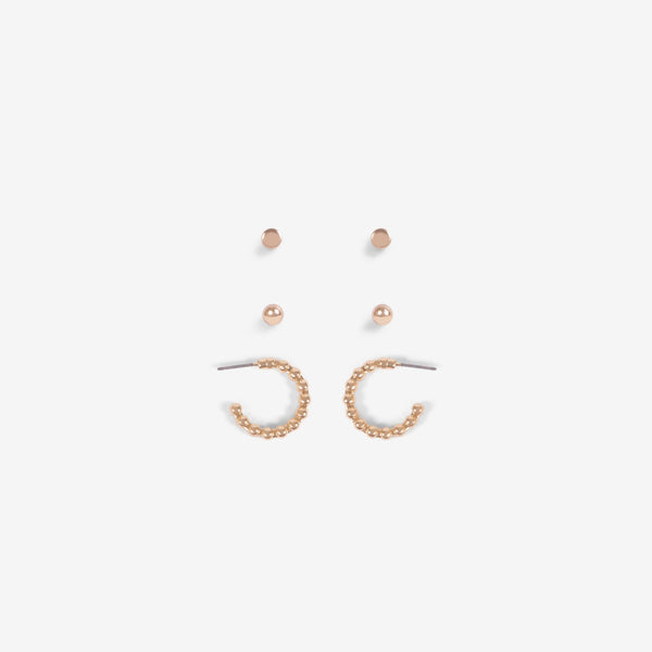 Load image into Gallery viewer, Trio of golden earrings hoops, beads and flat circles
