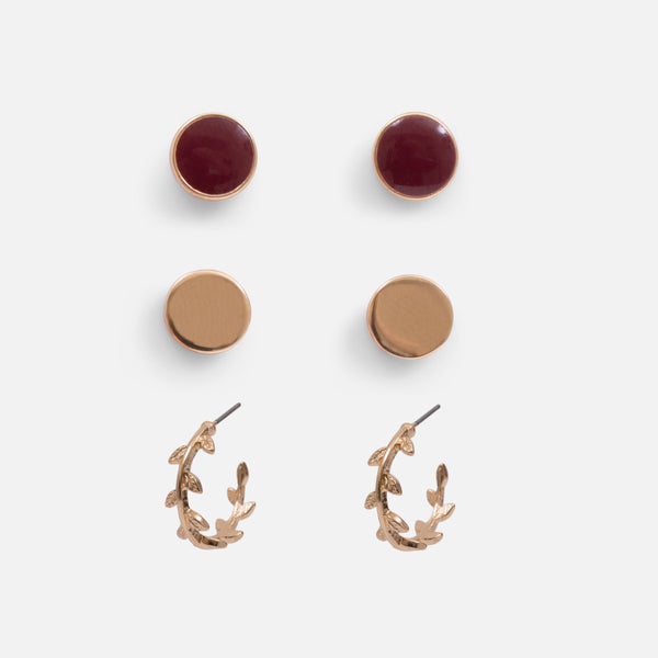 Load image into Gallery viewer, Set of three golden earrings with hoops and two burgundy and golden circles
