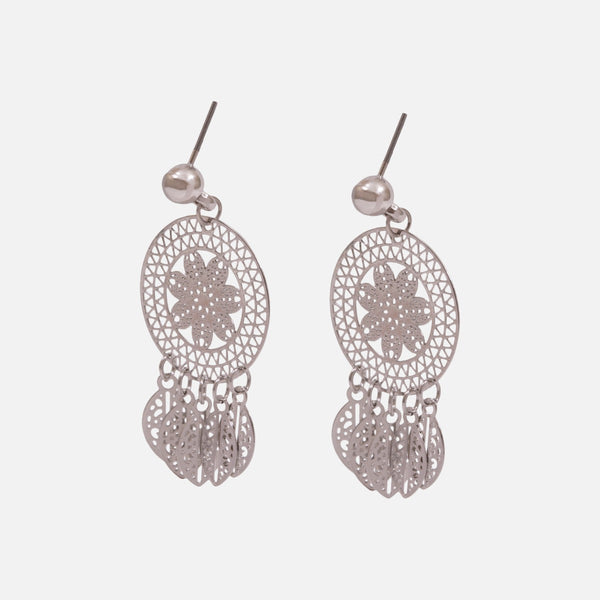 Load image into Gallery viewer, Silvered earrings with dream catcher and leaves charms
