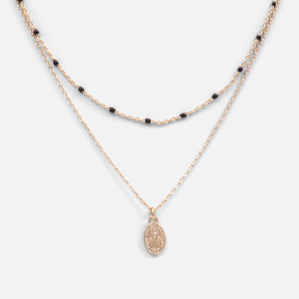 Load image into Gallery viewer, Golden pendant double chains with black beads and madona charm
