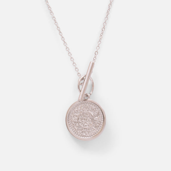 Load image into Gallery viewer, Silvered pendant with a coin charm and a round clasp and  bar
